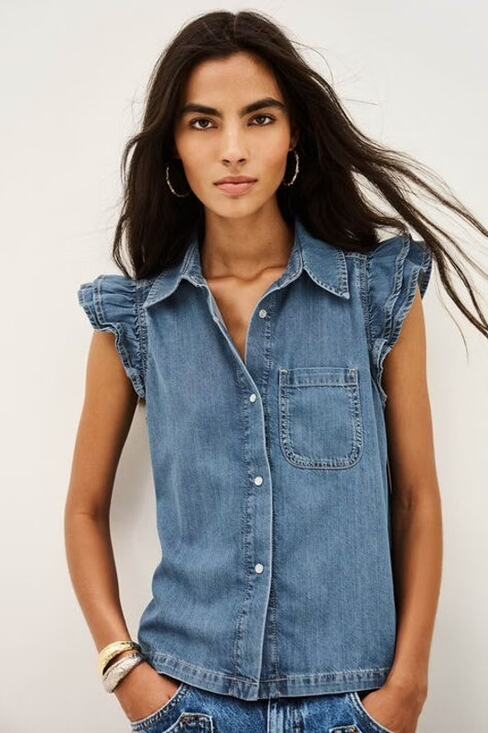 Pilcro by Anthropologie Tops - Pilcro Anthropologie Ruffle Buttondown Denim Raw Hem Ruffle Top Blouse S P $108